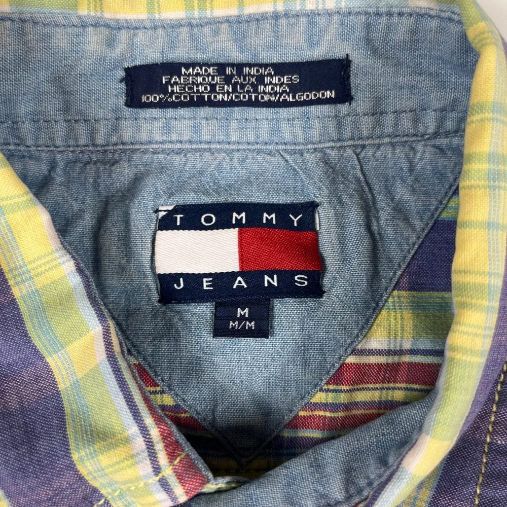 VTG Tommy Jeans Mens M Plaid Short Sleeve Button Down Shirt Multi-Color Cotton